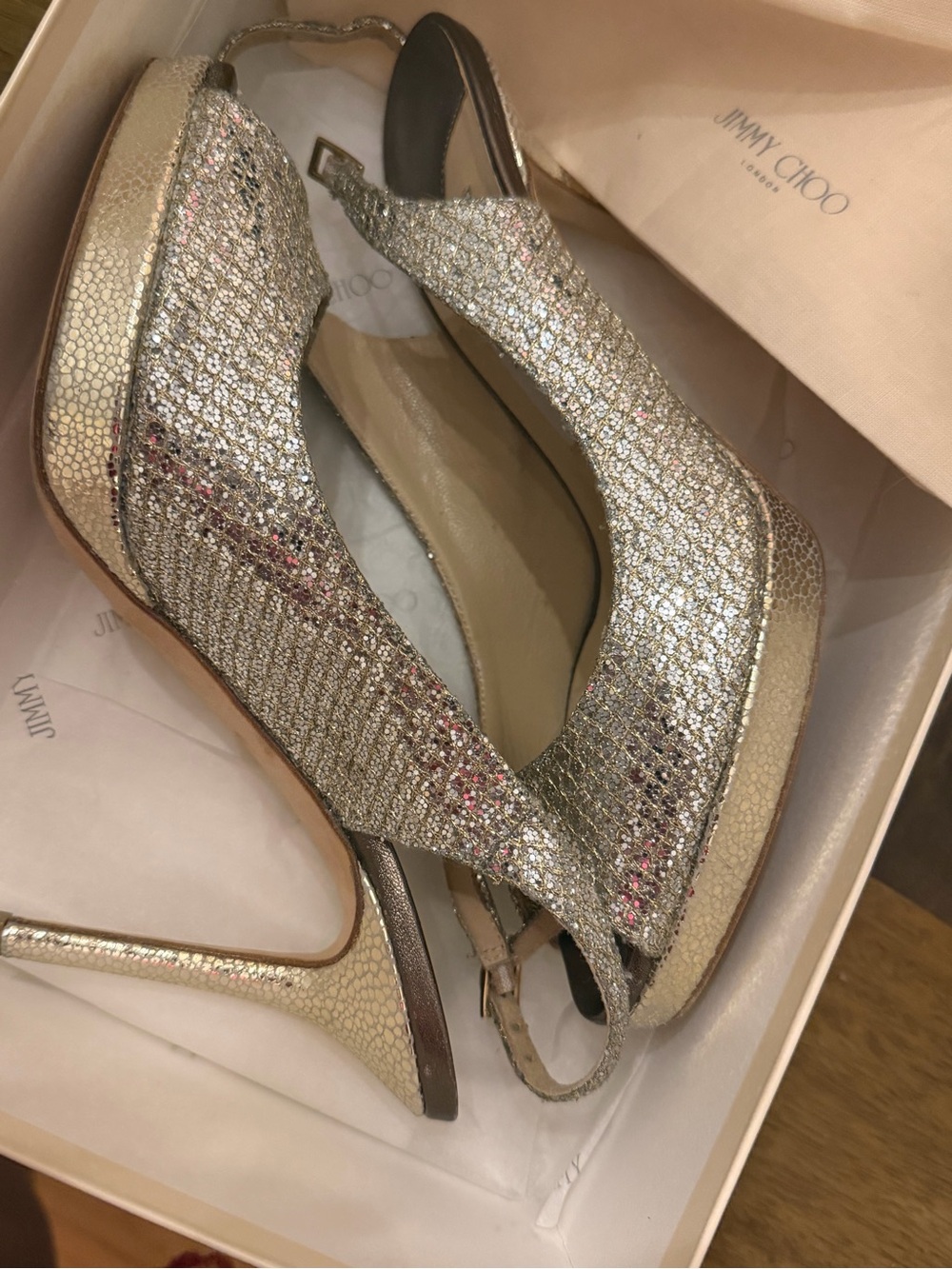Jimmy Choo Glitter Peep-Toe Slingback Heels